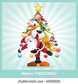 Funny cartoon illustration of santa claus, elf, Reindeer, snowman and red bird posing together as a Christmas tree. Each character is in separate layer.