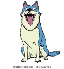 Funny cartoon illustration of a Siberian Husky with a goofy expression, wide eyes, sharp teeth, and tongue out, drawn in a vintage comic style