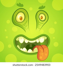 Funny cartoon illustration of a slimy green monster with big eyes and mouth open showing teeth and sticking out its tongue