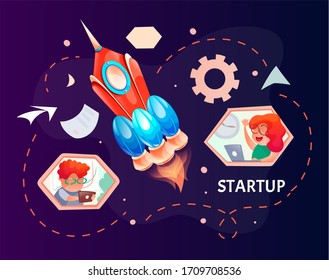 Schöne Cartoon-Illustration mit Raketenstart. Neues Business-Projekt-Konzept von Arbeitskräften im Team, Frau mit Laptop, Mann tippen am Tablet. Startup-Technologie-Prozess, Geschäftsplanung.