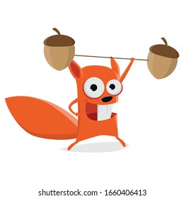 funny cartoon illustration of a squirrel having fun lifting weights