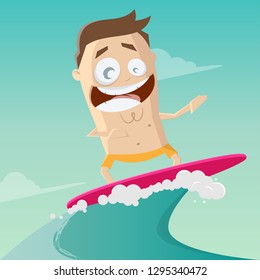 funny cartoon illustration of a surfing man