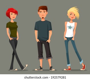 funny cartoon illustration of teenagers in spring street fashion. Young women and man in jeans. Cartoon people, isolated.