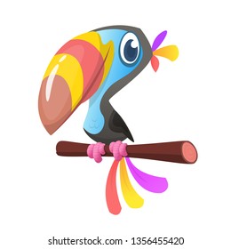 Funny cartoon illustration of toucan  sitting on the branch