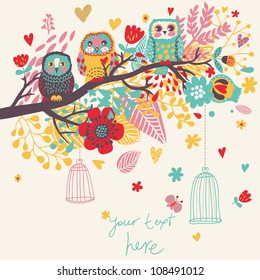 Funny cartoon illustration, trendy card with owls sitting on the brunches