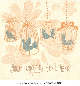 Funny cartoon illustration, trendy card with birds and cages.