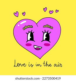 Funny cartoon illustration. Trendy vector icon of purple heart. Calligraphy slogan of Love is in the air. Ready Valentine's day card. Nostalgia for 1980s -1990s.