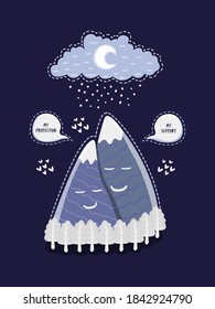 Funny cartoon illustration of two mountains in love with speech bubbles with the phrases my protection, my support. Design for t-shirts, romantic Valentine's day cards, posters.