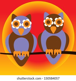 funny cartoon illustration of two owls