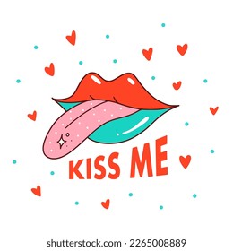 Funny cartoon illustration. Vector icon of lips with tongue. Slogan of Kiss me. Comic element for sticker, square poster, graphic tee print, bullet journal cover, card. Nostalgia for 1980s -1990s.