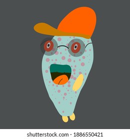 Funny cartoon illustration vector monster modern flat color design art cartoon drawing monster polkadot skin wearing hat
