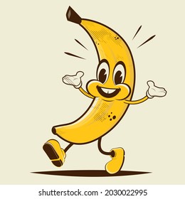 funny cartoon illustration of a walking banana in retro style