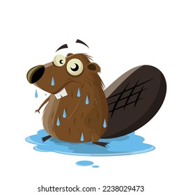 funny cartoon illustration of a wet beaver