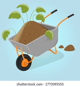 funny cartoon illustration of a wheelbarrow with soil and plants