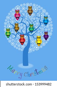 funny cartoon illustration with winter tree and colorful owls