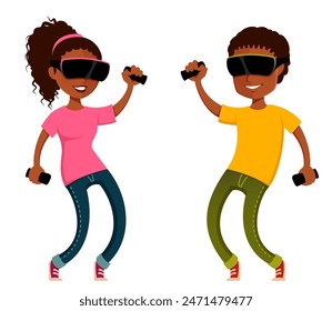 funny cartoon illustration of young African American people using virtual reality glasses with controllers. Boyfriend and girlfriend playing VR game. Isolated on white. Vector eps file.