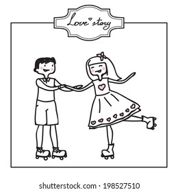 funny cartoon illustration of a young couple rollerblade