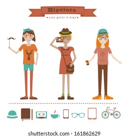 Funny cartoon illustration of young girls with hipster fashion style. Hipster girls set