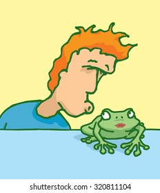 Funny cartoon illustration of young man in love about to kiss a frog