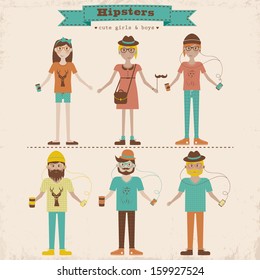 Funny cartoon illustration of young people with hipster fashion style. Hipster girls and boys set