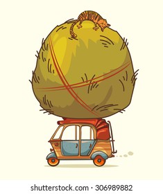 Funny cartoon image - auto rickshaw (tuk-tuk) and haystack with sleeping cat. 