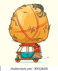 Funny cartoon image - auto rickshaw (tuk-tuk) and haystack with sleeping cat.