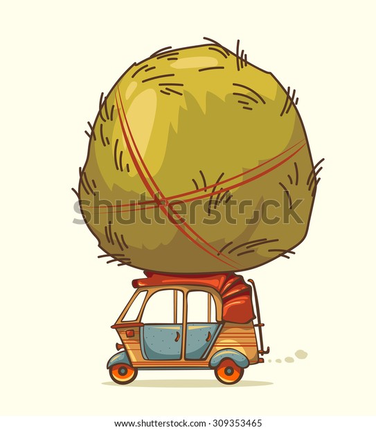 Funny cartoon image - auto rickshaw (tuk-tuk)\
and haystack.