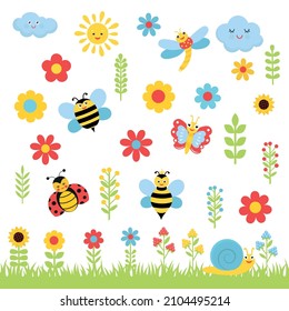 Funny cartoon insects. Bright flowers and twigs.Children's illustration.Isolated on a white background.