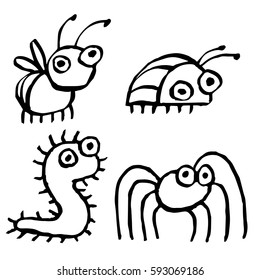 Funny cartoon insects crawling somewhere. Vector illustration. Contour Freehand Digital Drawing Cute Characters. White Color Background.