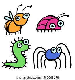 Funny cartoon insects crawling somewhere. Vector illustration. Contour Freehand Digital Drawing Cute Characters. White Color Background.