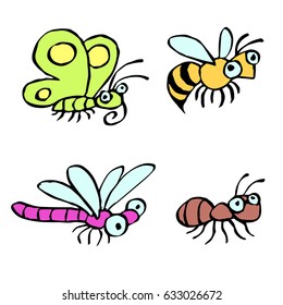 Funny cartoon insects crawling somewhere. Vector illustration. Contour freehand digital drawing cute characters. Butterfly, wasp, dragonfly and ant. White color background.