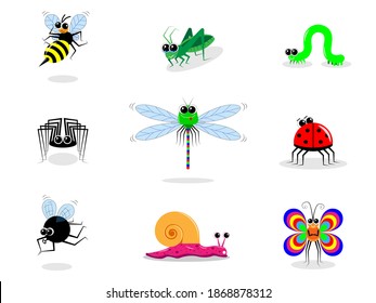 Funny cartoon insects. Different emotions and postures. A set of 9 images. Vector for children's publications, editions, websites and shops. On a white isolated background. Various bright insects