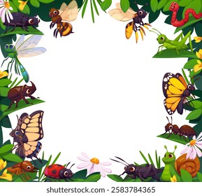 Funny cartoon insects frame with vector butterflies, beetles and bugs characters in flowers wreath. Cute butterfly, ladybug, rhinoceros beetle and grasshopper, ant and snail cricket insects frame