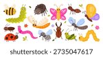 Funny cartoon insects set with bee, butterfly, caterpillar, ant, ladybug, worm, grasshopper and beetle characters for children education and spring design isolated on white background vector