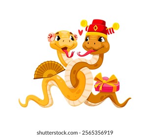 Funny cartoon intertwined snakes couple with love hearts, Asian fan and gift box. Valentine day and Chinese new year characters. Vector reptile personages in festive attire celebrate romantic event