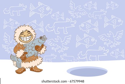 Funny cartoon inuit with a fish in his hands on the oriental background