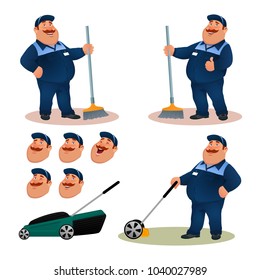 Funny cartoon janitor set with emotions. Smiling fat character gardener in blue suit sweeping floor with broom. Happy flat cleaner with lawn mower and face expressions. Colorful vector illustration.