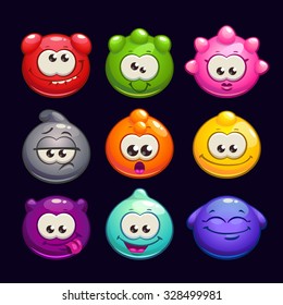 Funny cartoon  jelly round characters set, vector illustration, funny creatures kit for game design