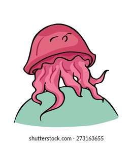 Funny cartoon jellyfish. Cute pink medusa. Hand-drawn vector illustration isolated on white.