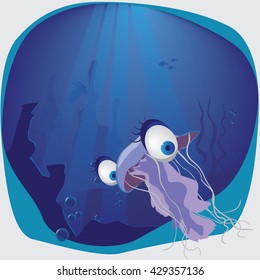 Funny cartoon jellyfish in the deep sea.Vector illustration.