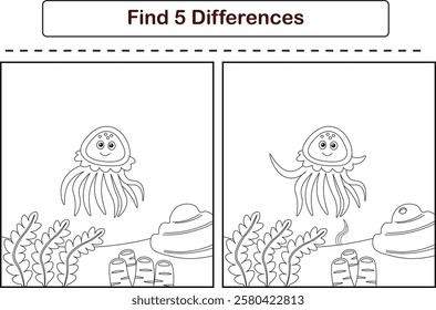 Funny cartoon jellyfish. Find 5 differences. Kids Education games. Cartoon vector illustration