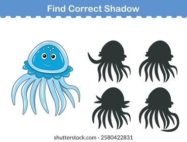 Funny cartoon jellyfish. find the correct shadow. Kids Education games. Cartoon vector illustration