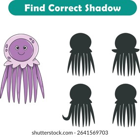 Funny cartoon jellyfish. find the correct shadow. Kids Education games. Cartoon vector illustration