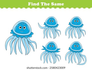 Funny cartoon jellyfish. Find same pictures. Educational game for children. Cartoon vector illustration