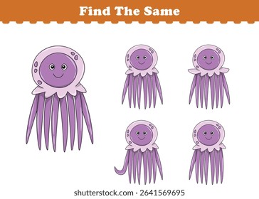 Funny cartoon jellyfish. Find same pictures. Educational game for children. Cartoon vector illustration