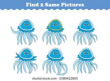 Funny cartoon jellyfish. Find two same pictures. Educational game for children. Cartoon vector illustration