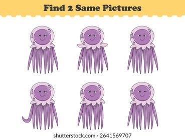 Funny cartoon jellyfish. Find two same pictures. Educational game for children. Cartoon vector illustration