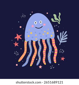 Engraçado desenho animado água-viva em um fundo escuro isolado. Fabuloso animal marinho. Pode ser usado para decorar interiores de crianças, feriados, cartões postais, banners. Ilustração vetorial no estilo filho.