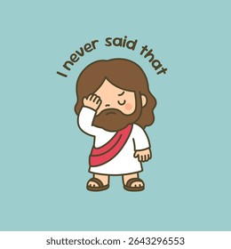 Funny Cartoon Jesus Facepalming with I Never Said That Phrase on Blue Background Vector Illustration