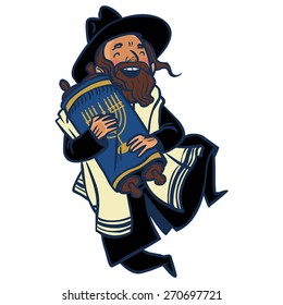 Funny cartoon jewish man dancing with Torah. Vector illustration isolated background
